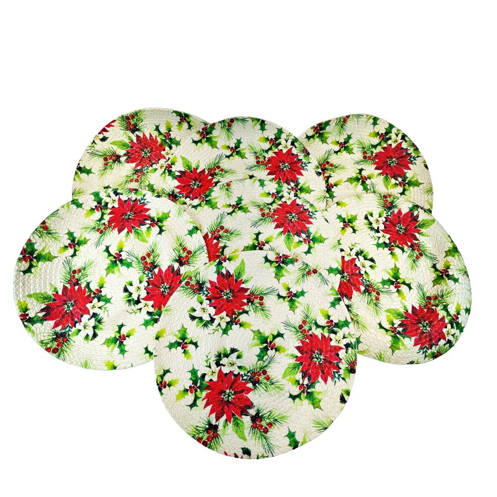 Vintage set of 7 Braided Round Christmas Poinsettia Holly Table Placemats